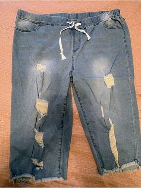 Women's Distressed Cropped Blue Jeans - Elastic Waist Ankle-Length